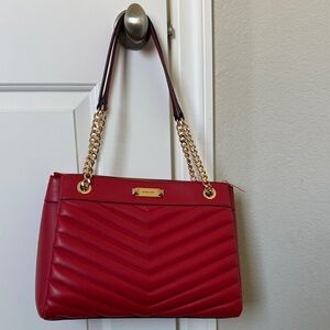 Michael Kors Padded Chevron Red Shoulder Bag with Gold Chain